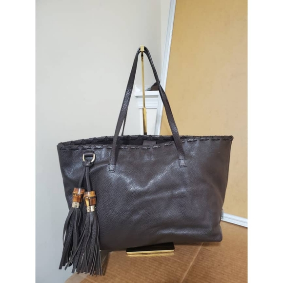 Authentic GUCCI Brown Pebbled Leather Bamboo Tassel Tote Bag - Picture 1 of 10